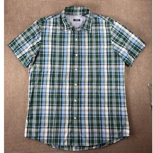 IZOD Mens Short Sleeve Button Down Plaid Shirt Green Blue White 45GW068 Large